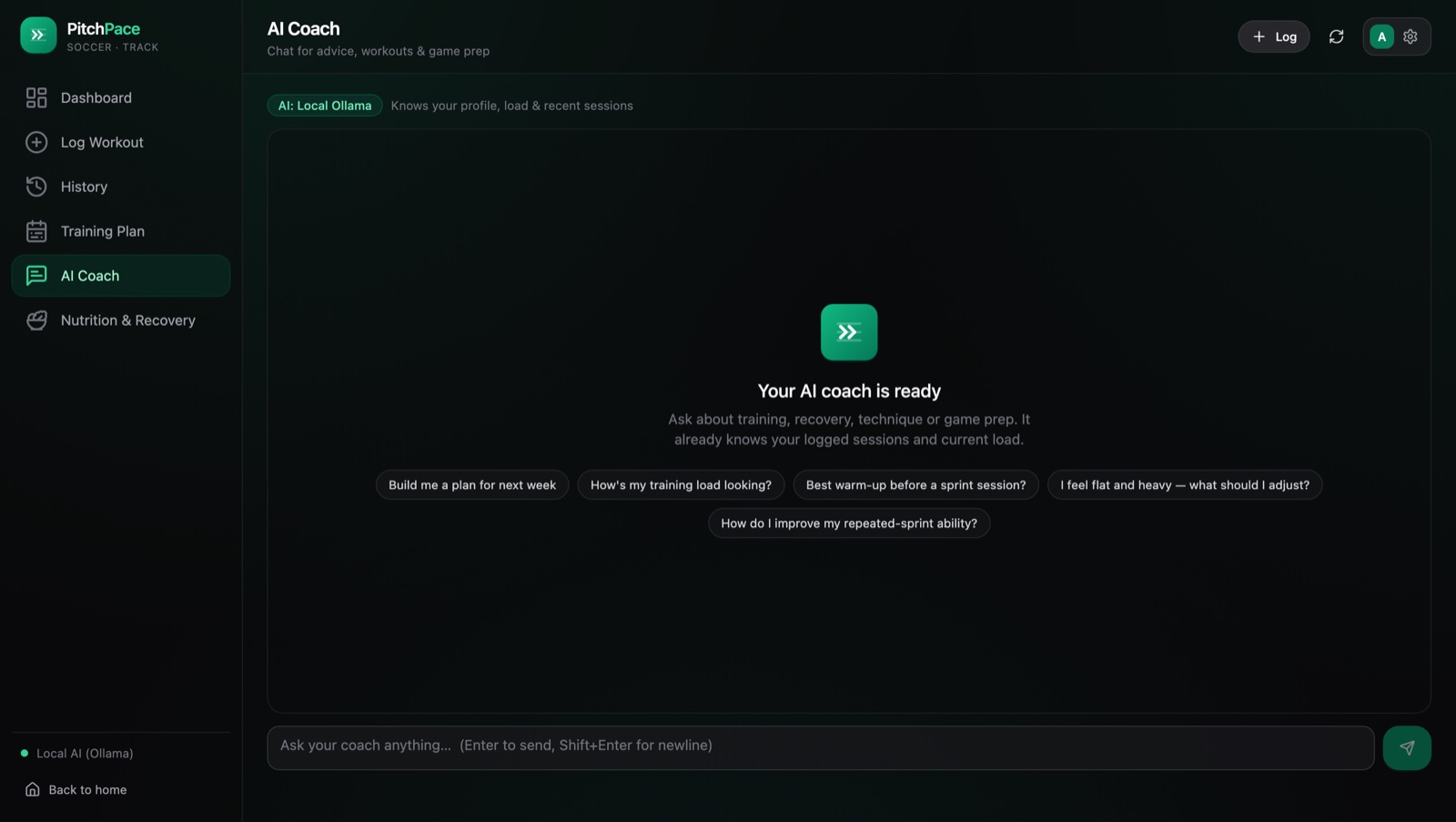 The AI Coach screen, ready to chat, showing suggested questions and a 'Local Ollama' option.