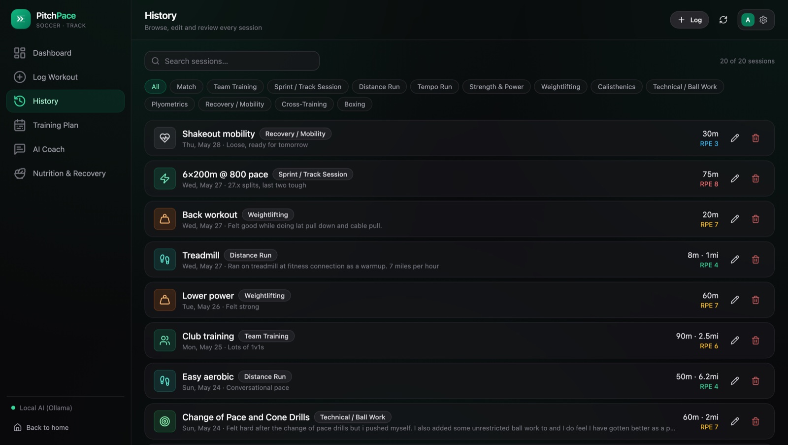 The History screen showing a searchable, filterable list of logged sessions with type, duration and RPE.