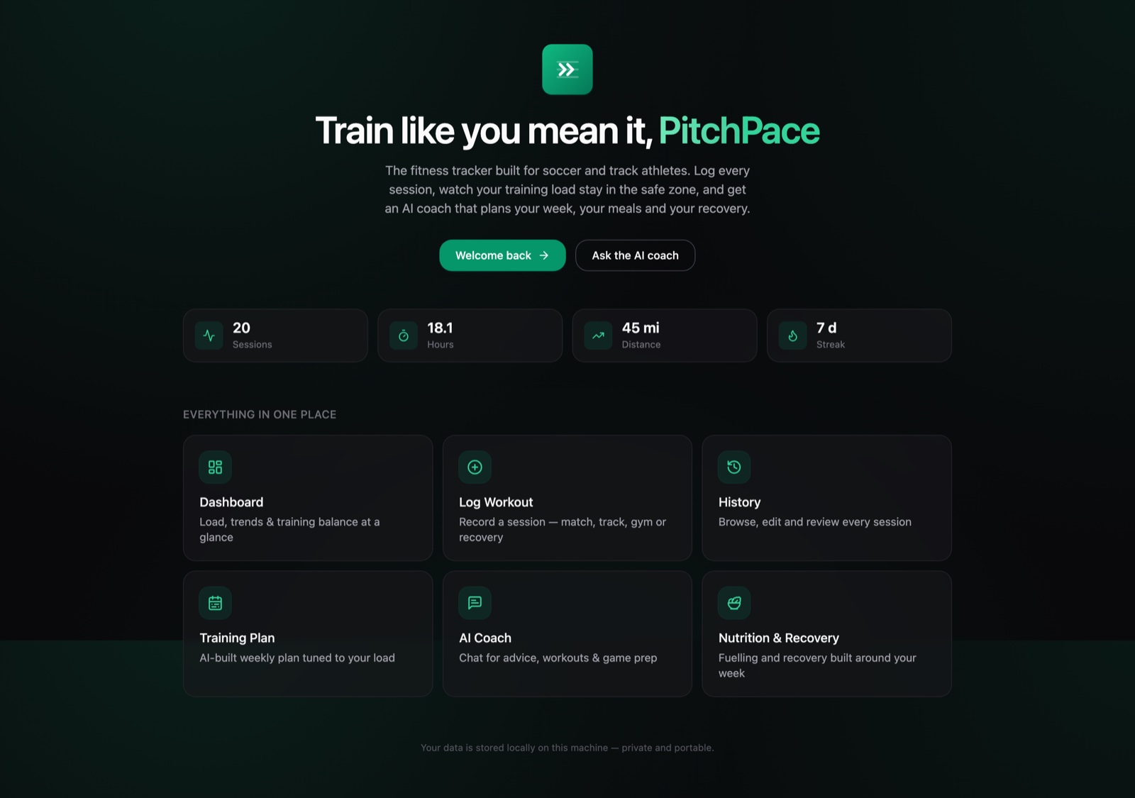 The PitchPace home screen with headline stats and quick links to every feature.