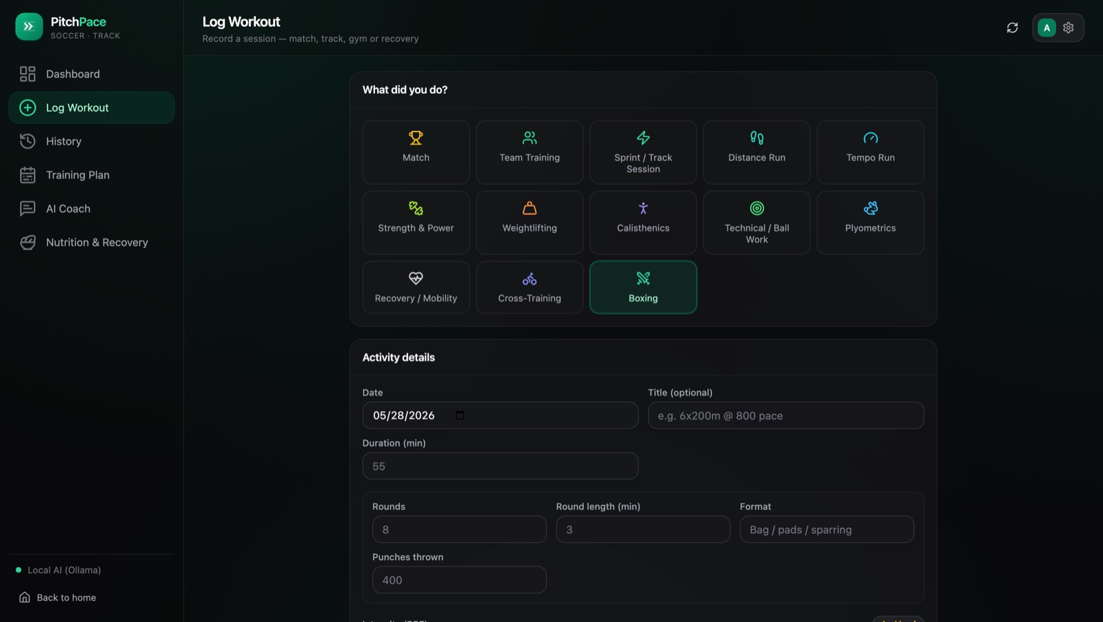 The Log Workout screen with a grid of activity types — Match, Sprint, Weightlifting, Calisthenics, Boxing and more — and the Boxing-specific fields: rounds, round length, format and punches thrown.